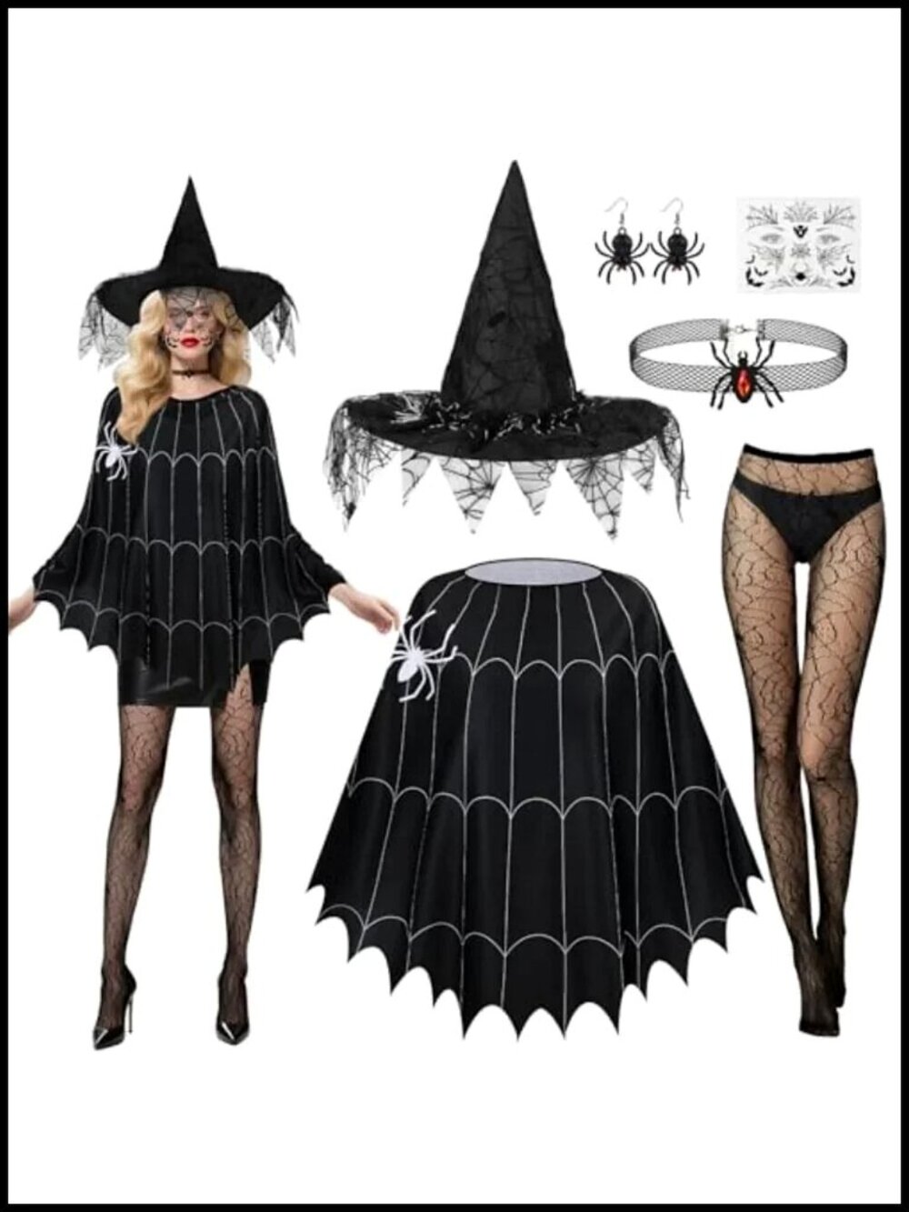 Women Spider Costume Set 6Pcs Witch Hat Cape Stockings Accessories Halloween